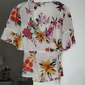 Old Navy Floral Wrap Blouse - White and Multicolor